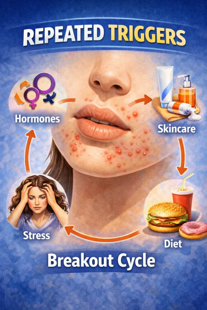 Repeated acne triggers illustration showing chin breakouts linked to hormones, stress, skincare products, and diet forming a continuous breakout cycle