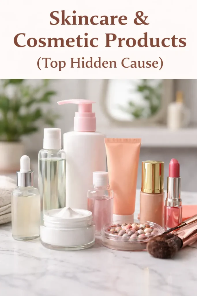 Skincare and cosmetic products including serums, creams, and makeup, representing common triggers of skin allergy and contact dermatitis