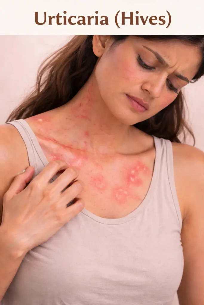 woman with raised, itchy red hives on chest and neck, illustrating urticaria (hives) and allergic skin reaction
