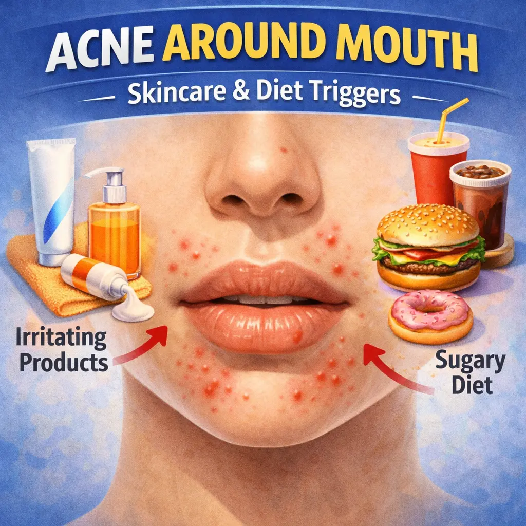 Acne around mouth showing red pimples caused by irritating skincare products and sugary diet leading to breakouts around lips and chin