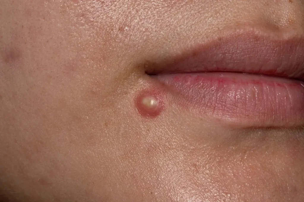 Hormonal acne on chin with deep pimples around the jawline often associated with menstrual cycle and stress
