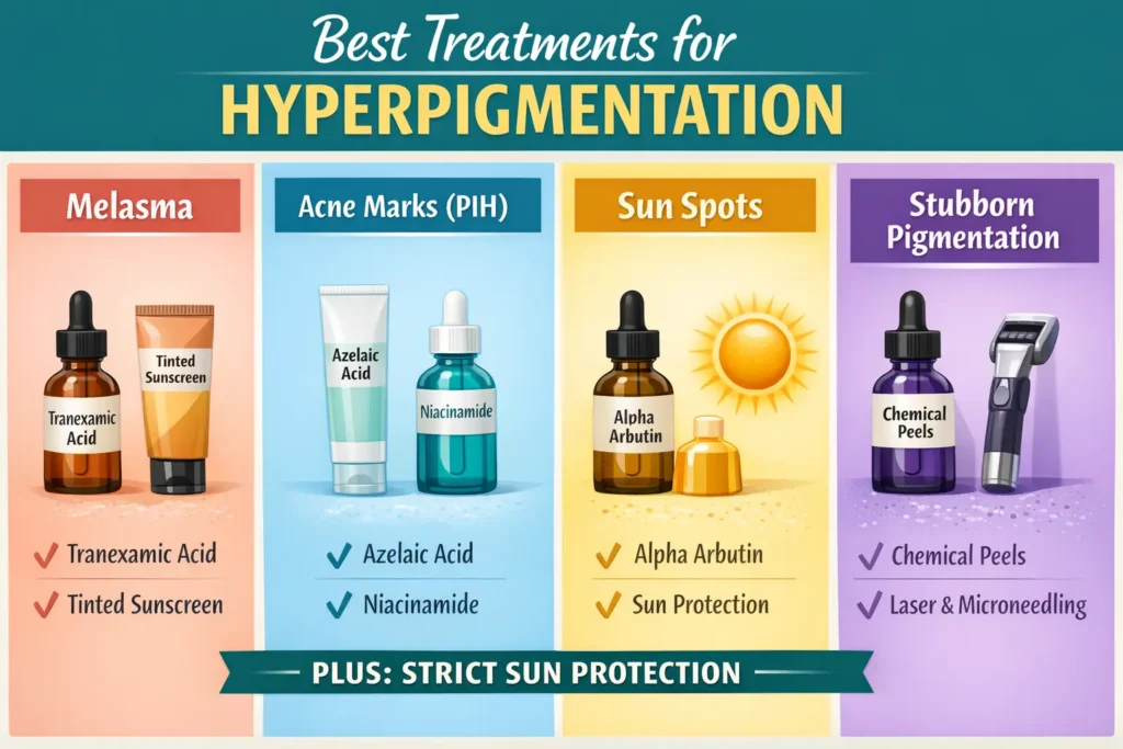 Best hyperpigmentation treatment for melasma, acne marks and sun spots infographic