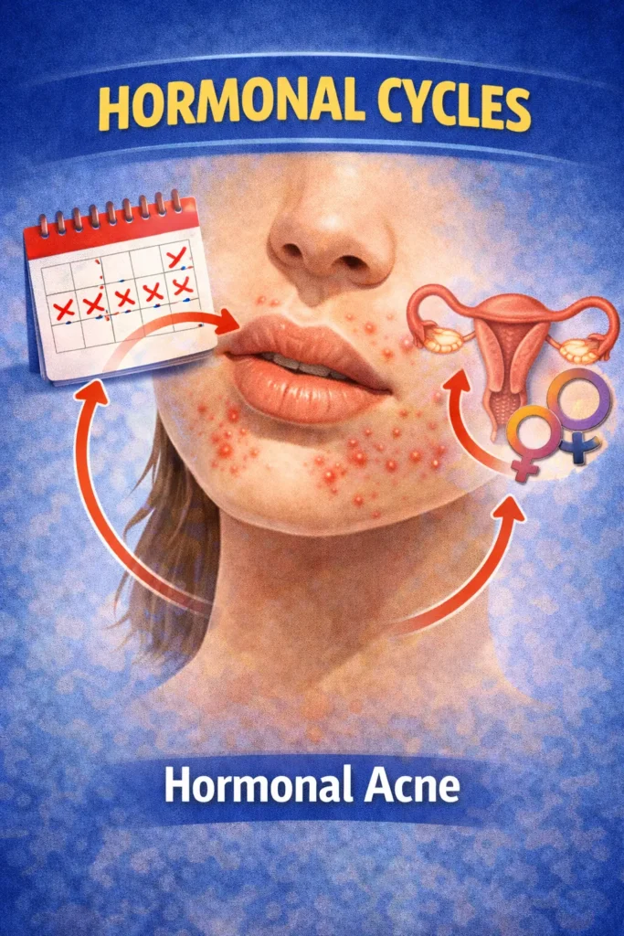 Hormonal acne on chin and jawline linked to menstrual cycle changes, showing breakouts triggered by hormonal fluctuations in women