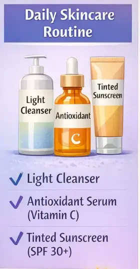 Hyperpigmentation treatment skincare routine with cleanser vitamin C serum and sunscreen