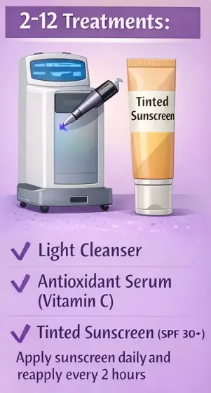 Hyperpigmentation treatment timeline with laser procedures and sunscreen for long term results