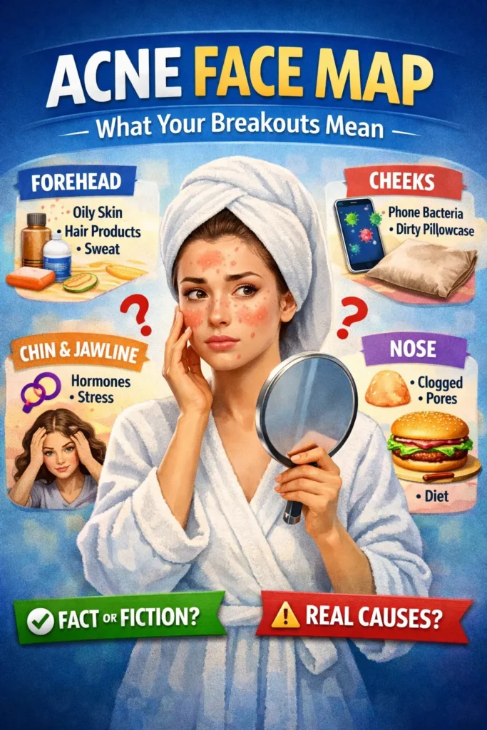 Acne face map illustration showing a woman with breakouts on forehead, cheeks, and chin, highlighting causes like oil, bacteria, and hormones with labeled skin zones explaining what acne locations mean.