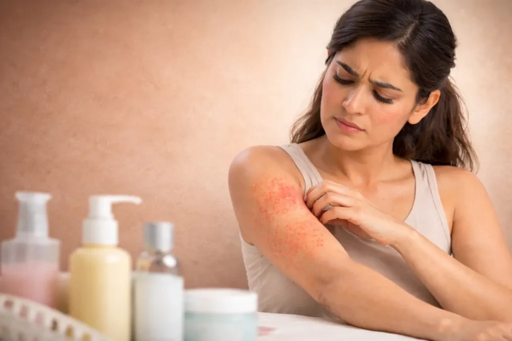South Asian woman examining a red, inflamed forearm rash, representing skin allergy types and allergic skin reaction