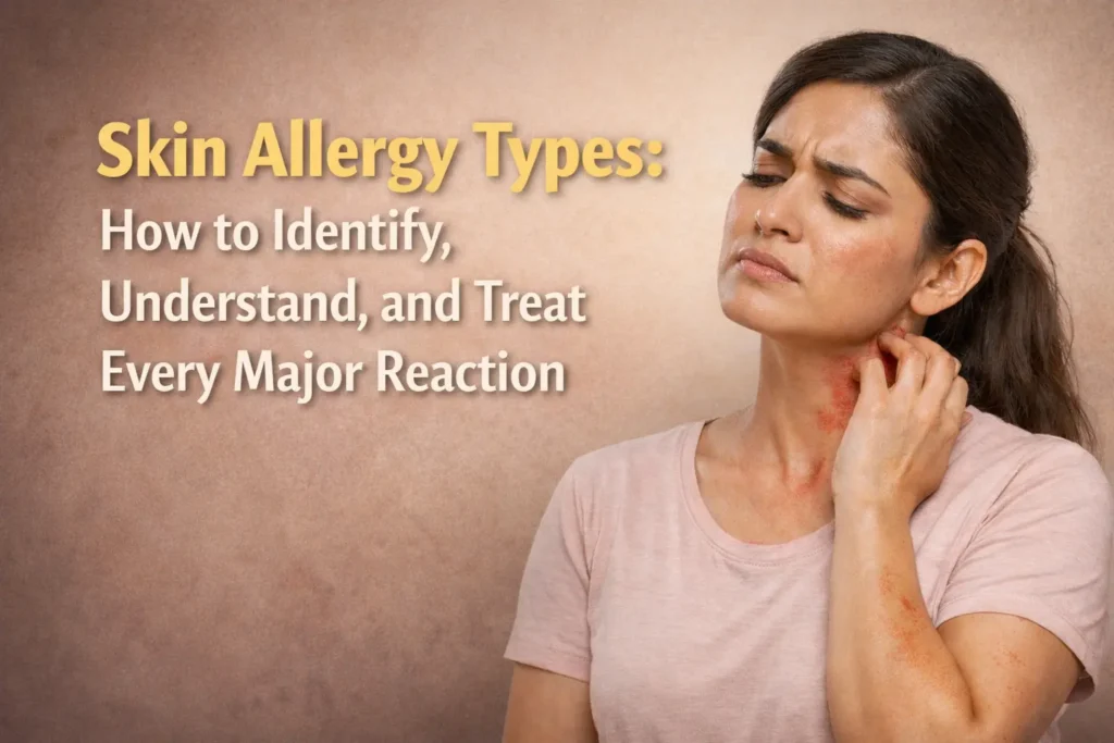 South Asian woman scratching an inflamed red neck rash, illustrating different skin allergy types and allergic reaction on skin