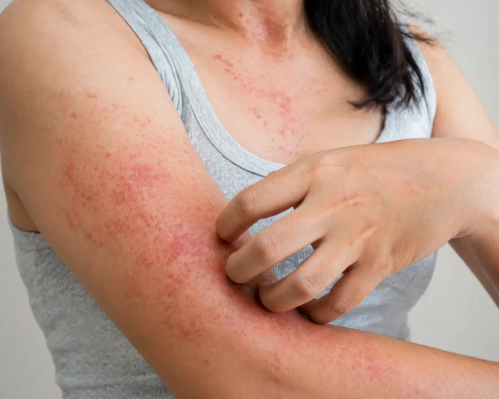 Person scratching an itchy, widespread red rash on arm and neck, illustrating skin allergy types and allergic reaction on skin