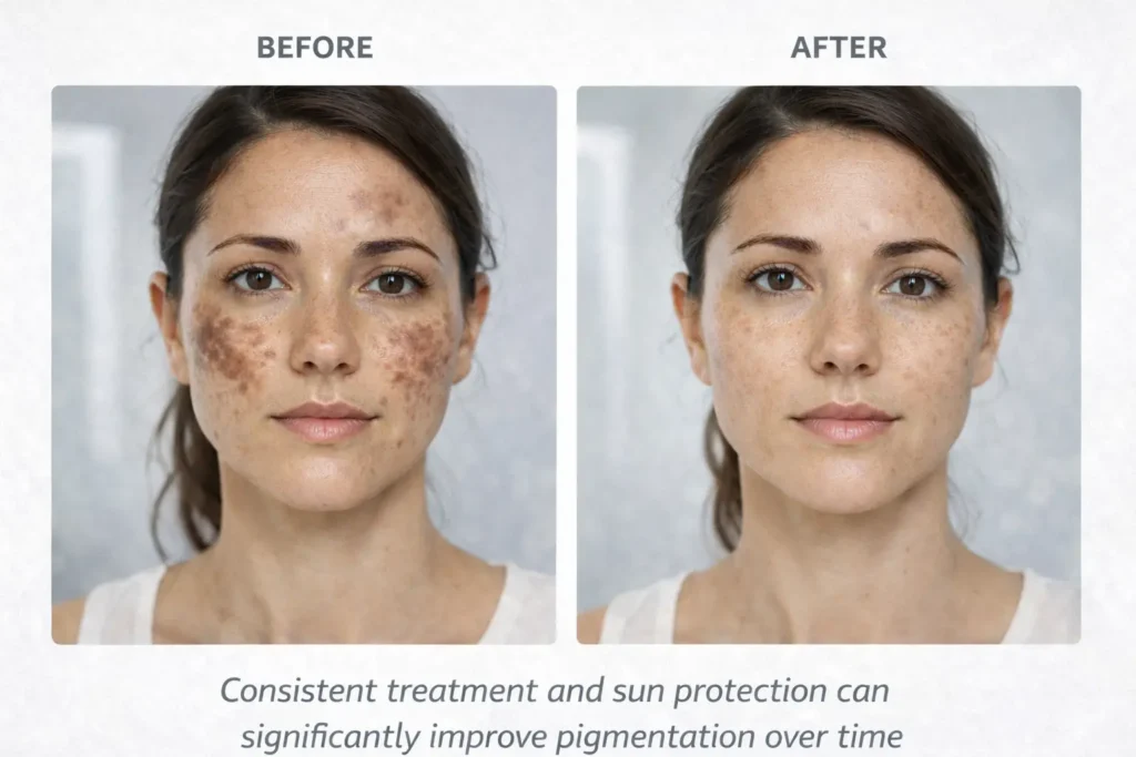 before and after results of pigmentation treatment showing improvement in dark spots and melasma