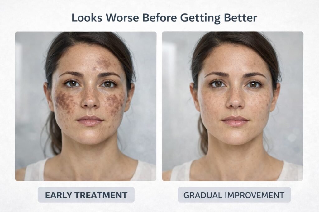 pigmentation looks worse before improving during treatment phase on face