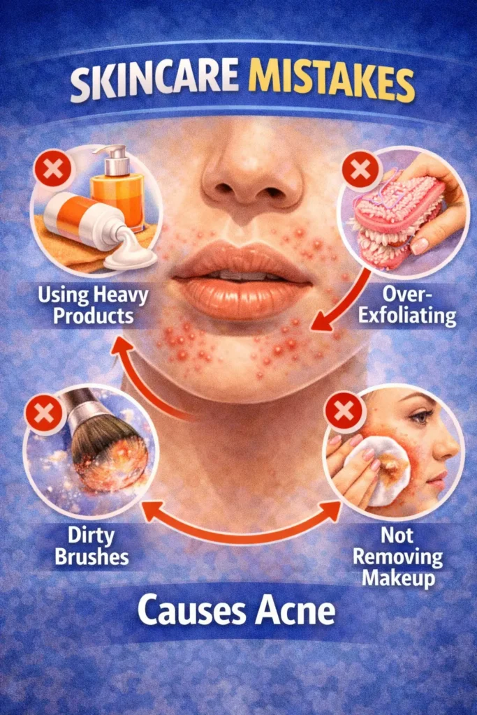 Skincare mistakes causing acne including heavy products, over-exfoliation, dirty brushes, and not removing makeup leading to breakouts around the mouth and chin
