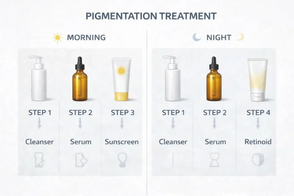 daily skincare routine for pigmentation not improving with treatment steps morning and night