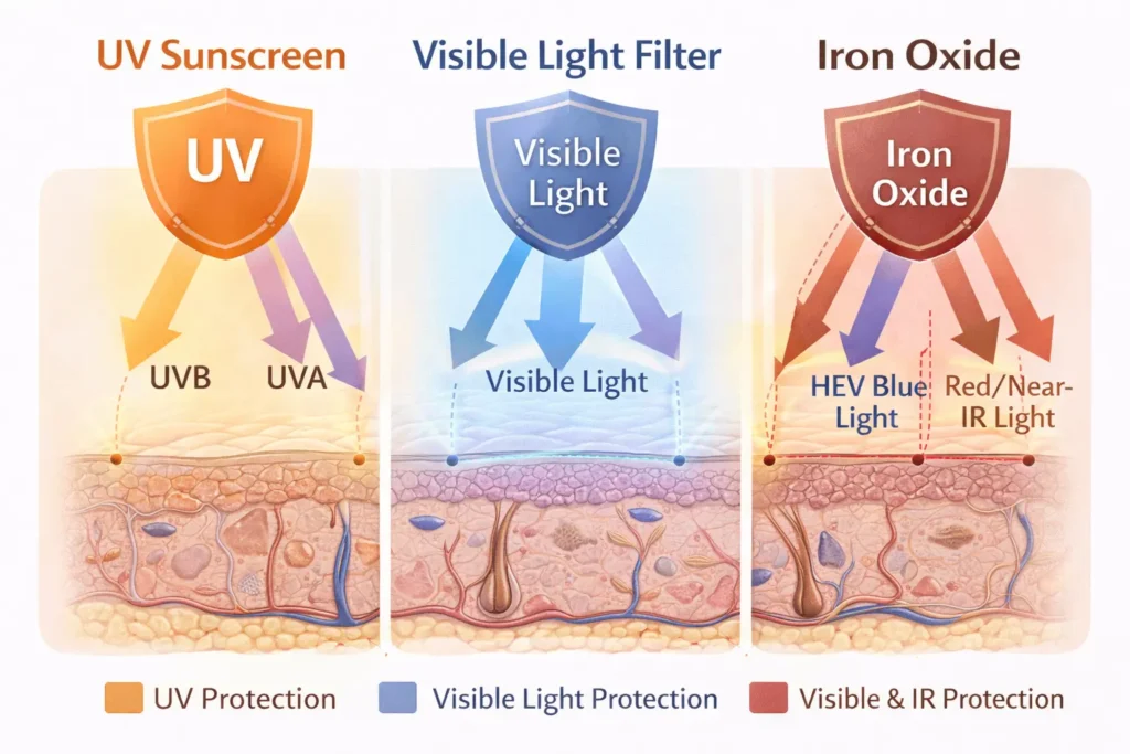 Hyperpigmentation treatment with sunscreen protection against UV and visible light