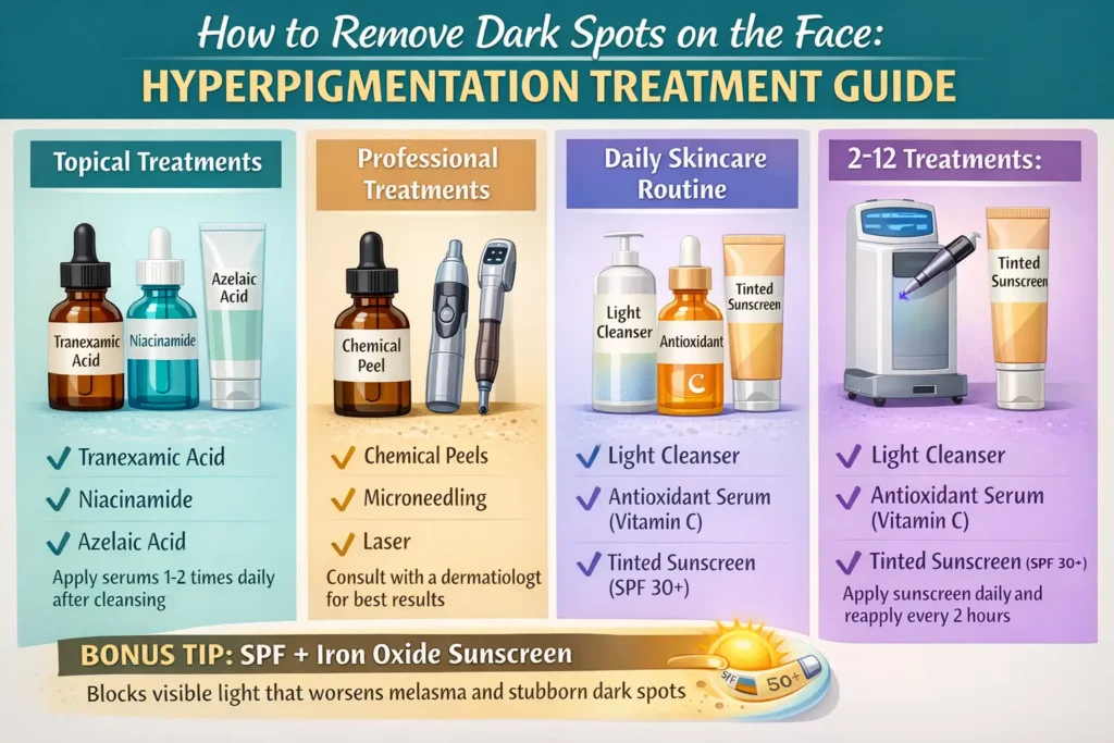 Hyperpigmentation treatment guide showing how to remove dark spots on face with skincare and procedures