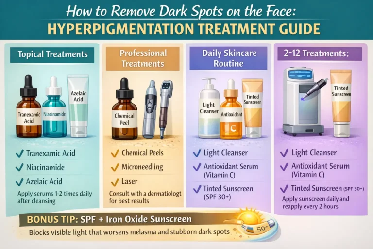 Hyperpigmentation treatment guide showing how to remove dark spots on face with skincare and procedures