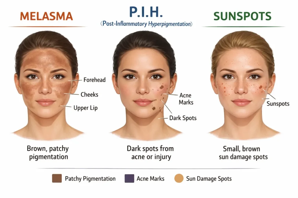 Hyperpigmentation types melasma post inflammatory pigmentation and sunspots comparison