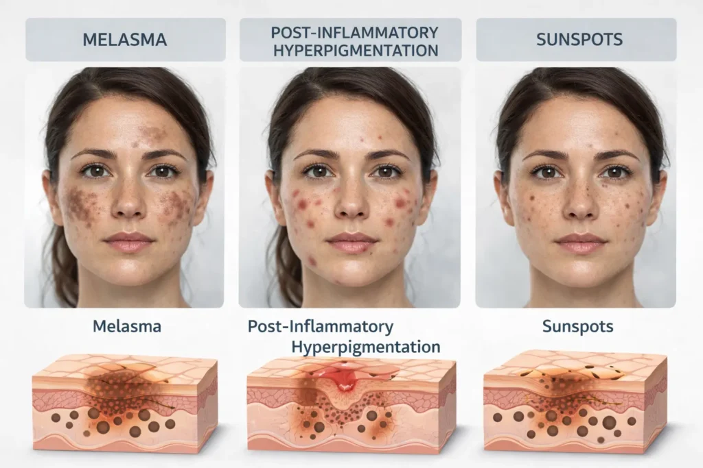 types of facial pigmentation melasma post inflammatory hyperpigmentation and sunspots comparison
