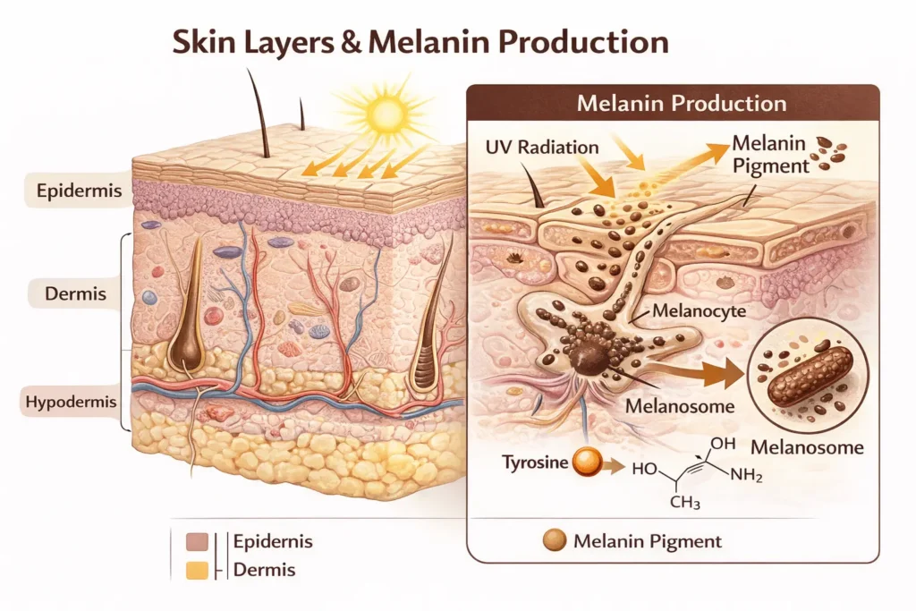 Hyperpigmentation treatment explanation showing melanin production in skin layers