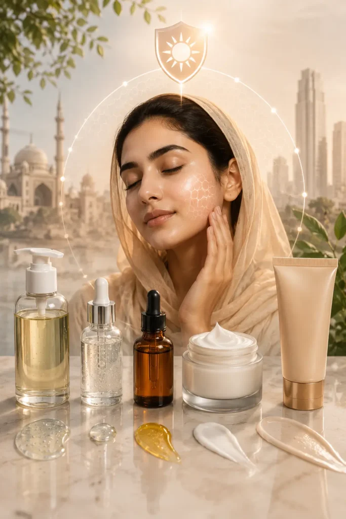 Woman with glowing skin surrounded by skincare serums, moisturiser, and sunscreen in a warm sunlit environment representing a Skincare Routine Order for pigmentation care