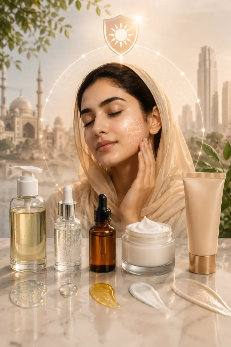 Woman with glowing skin surrounded by skincare serums, moisturiser, and sunscreen in a warm sunlit environment representing a layered skincare routine for pigmentation care